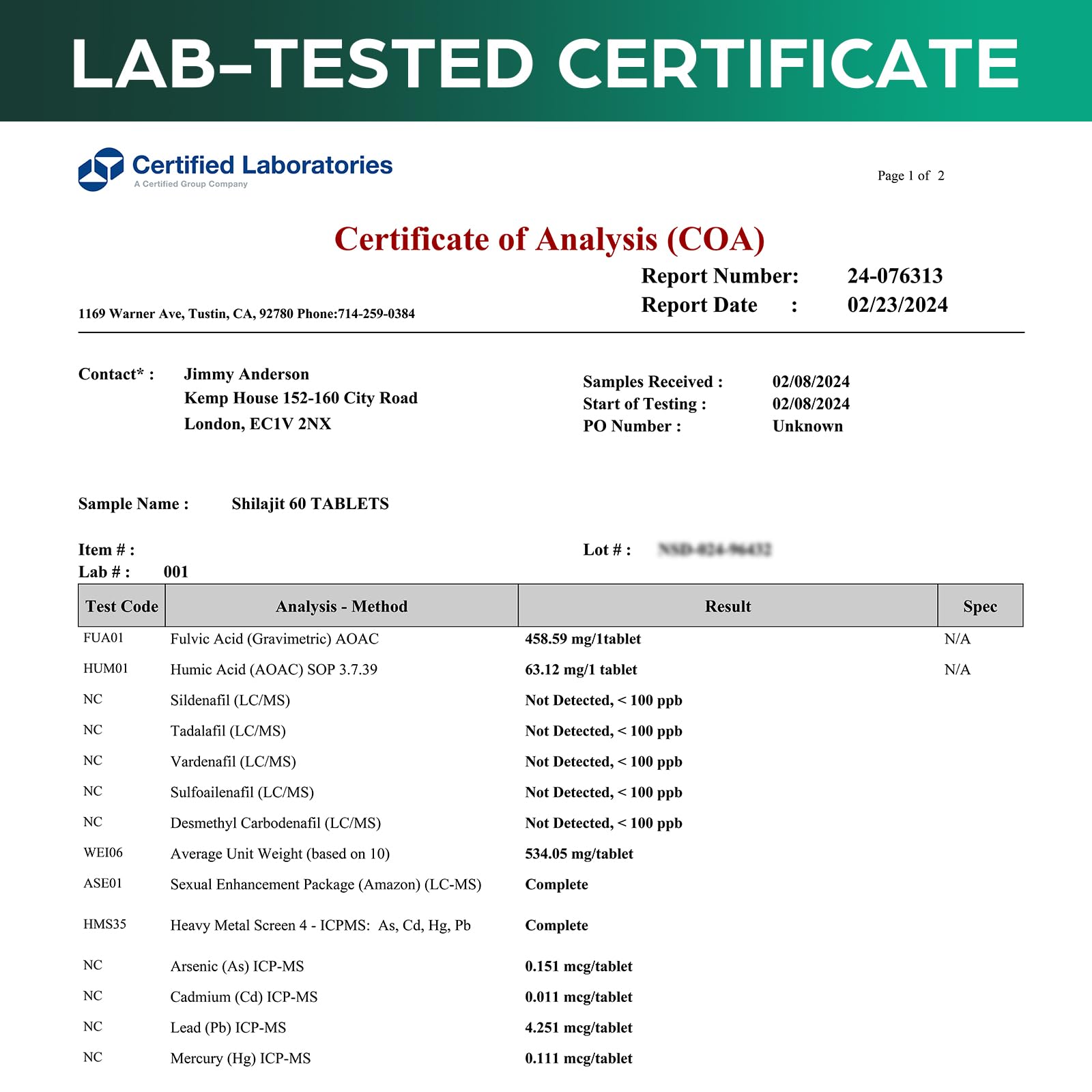 Quality assurance and third-party testing seal on Shilajit tablets
