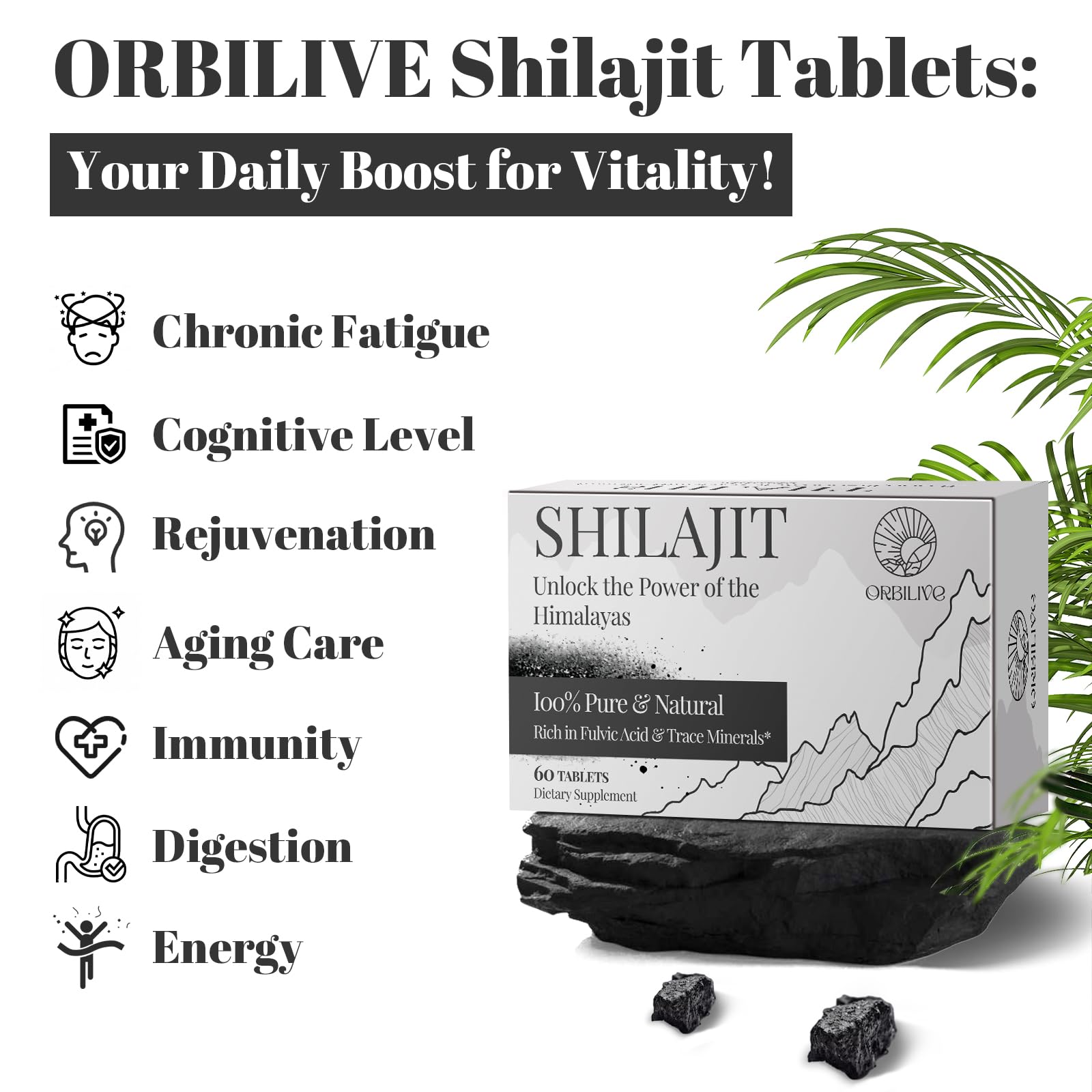 Close-up of 30,000 mg Shilajit tablets showing texture
