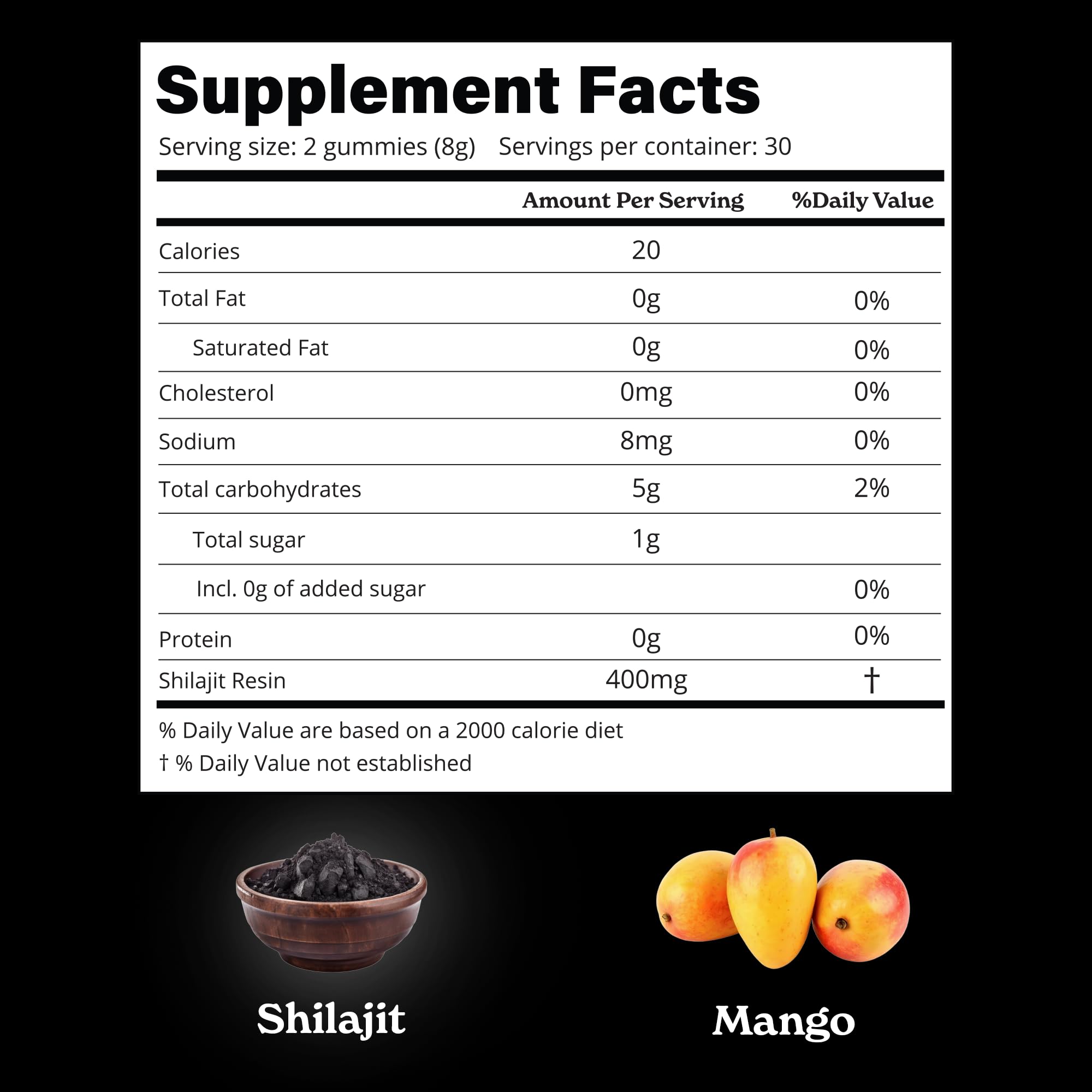 Back view of Himalayan Shilajit Mango Gummies bottle showing supplement facts