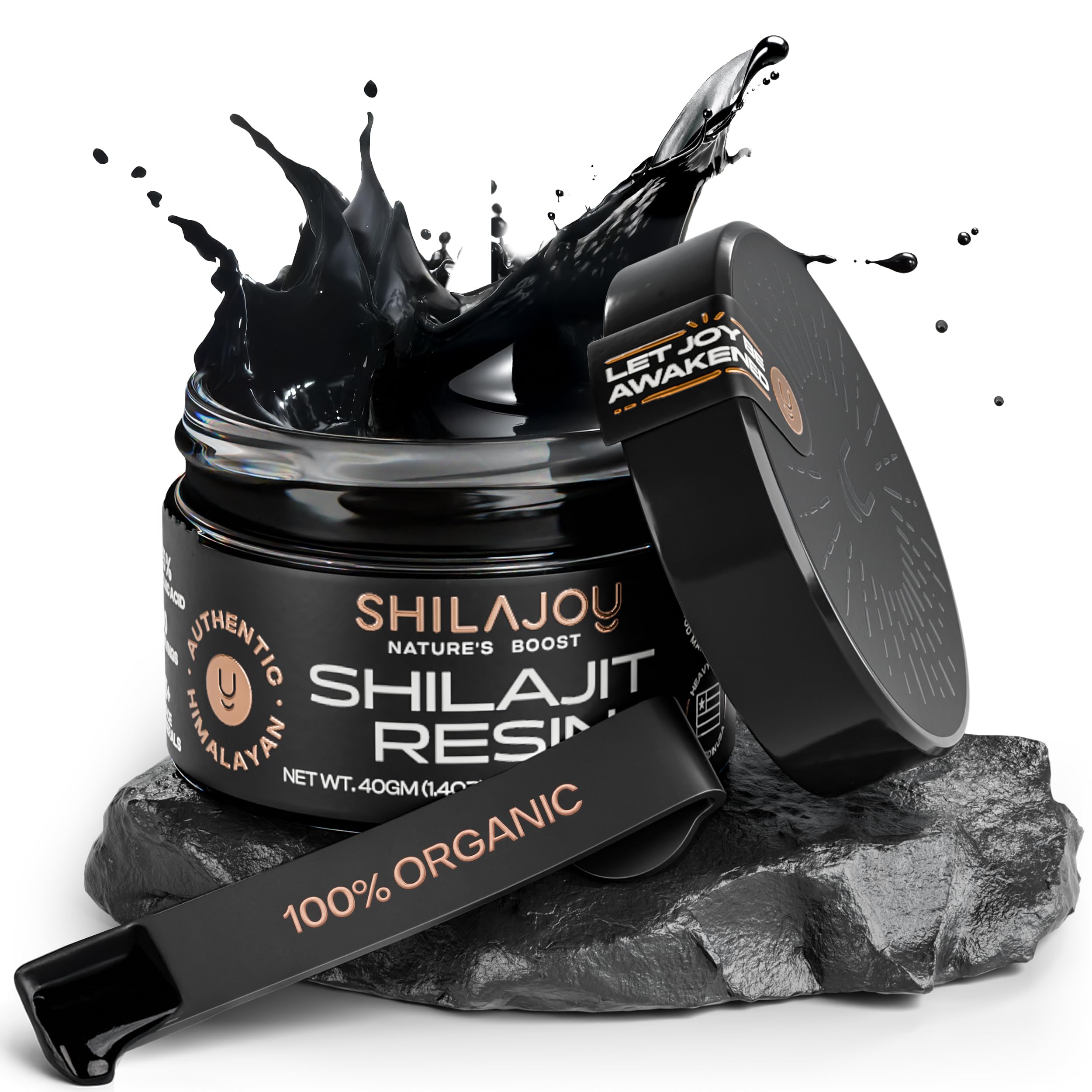 SHILAJOY Organic Shilajit Resin jar with wooden scoop