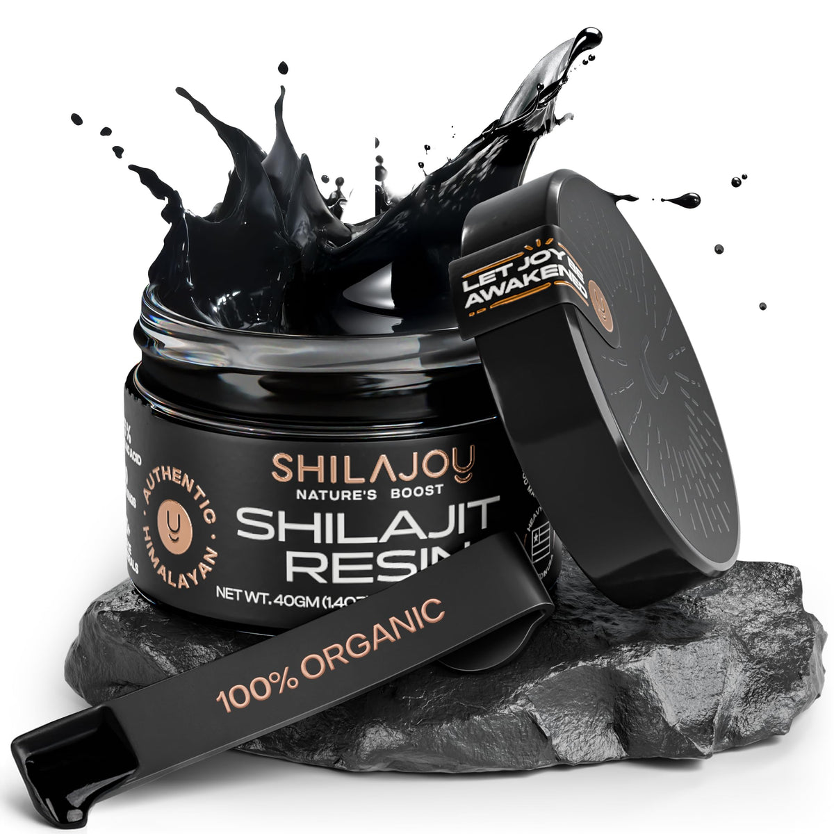 SHILAJOY Organic Shilajit Resin jar with wooden scoop