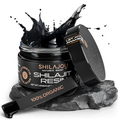 SHILAJOY Organic Shilajit Resin jar with wooden scoop