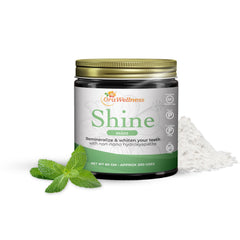 Close-up of Shine Mint whitening powder jar