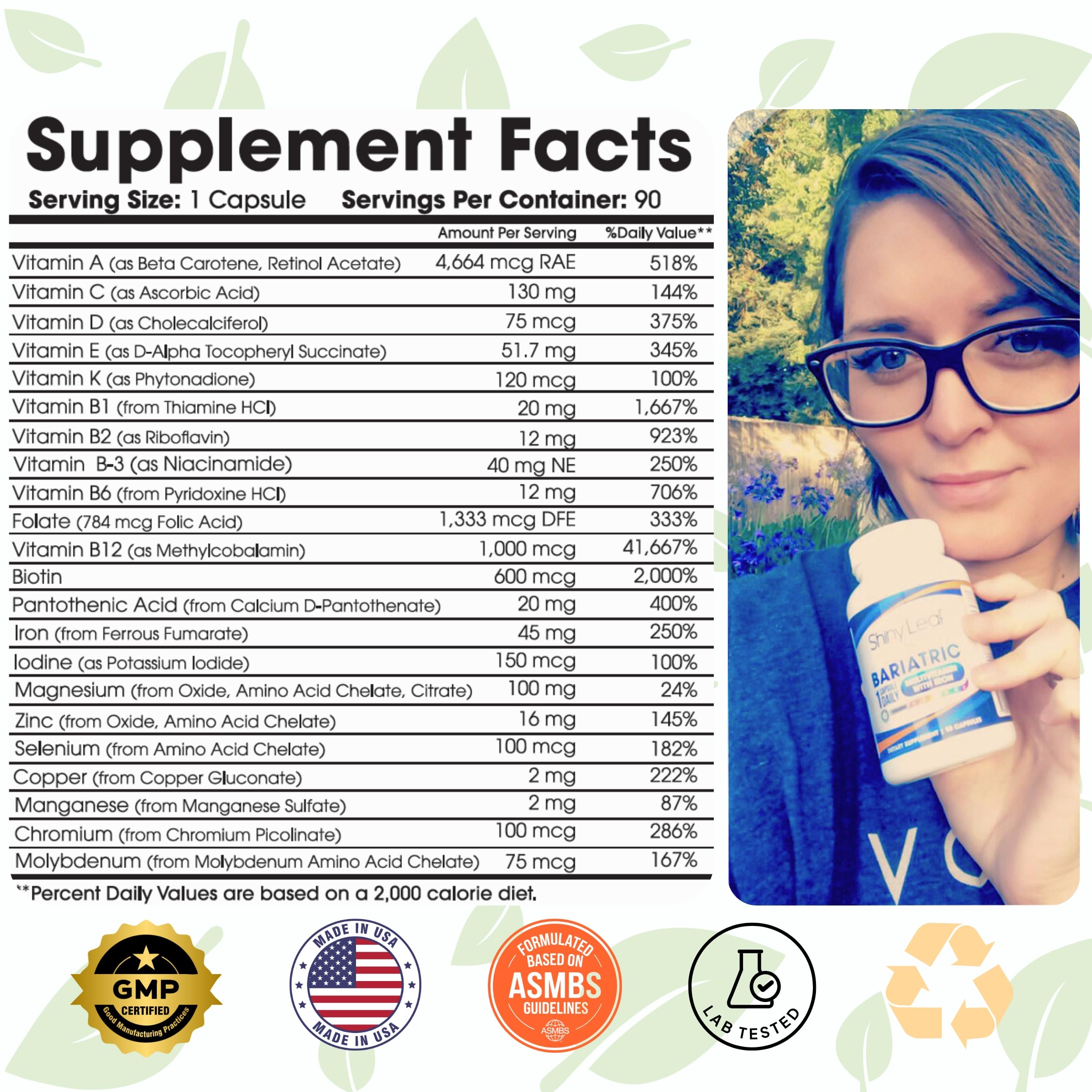 90-count bottle packaging for Shiny Leaf Bariatric Multivitamin with Iron