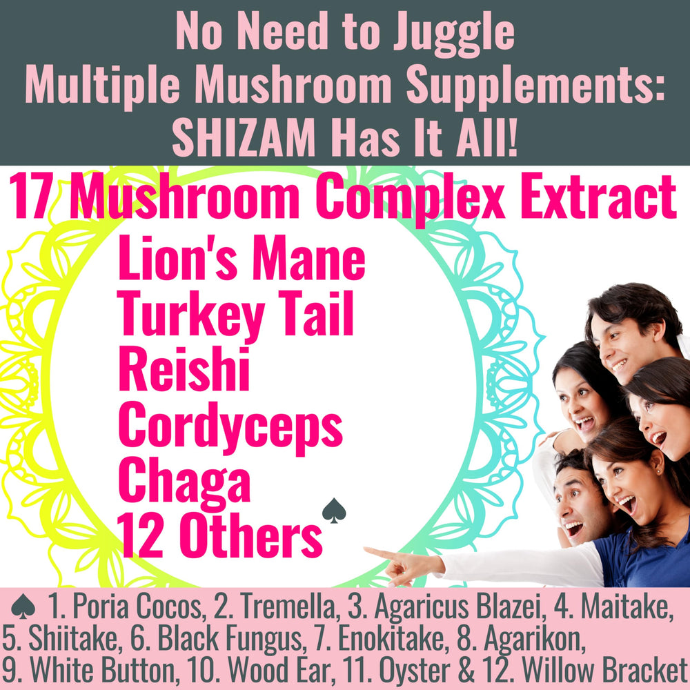 Label highlights a 17-mushroom blend including Lions Mane, Turkey Tail, Reishi, Cordyceps and Chaga