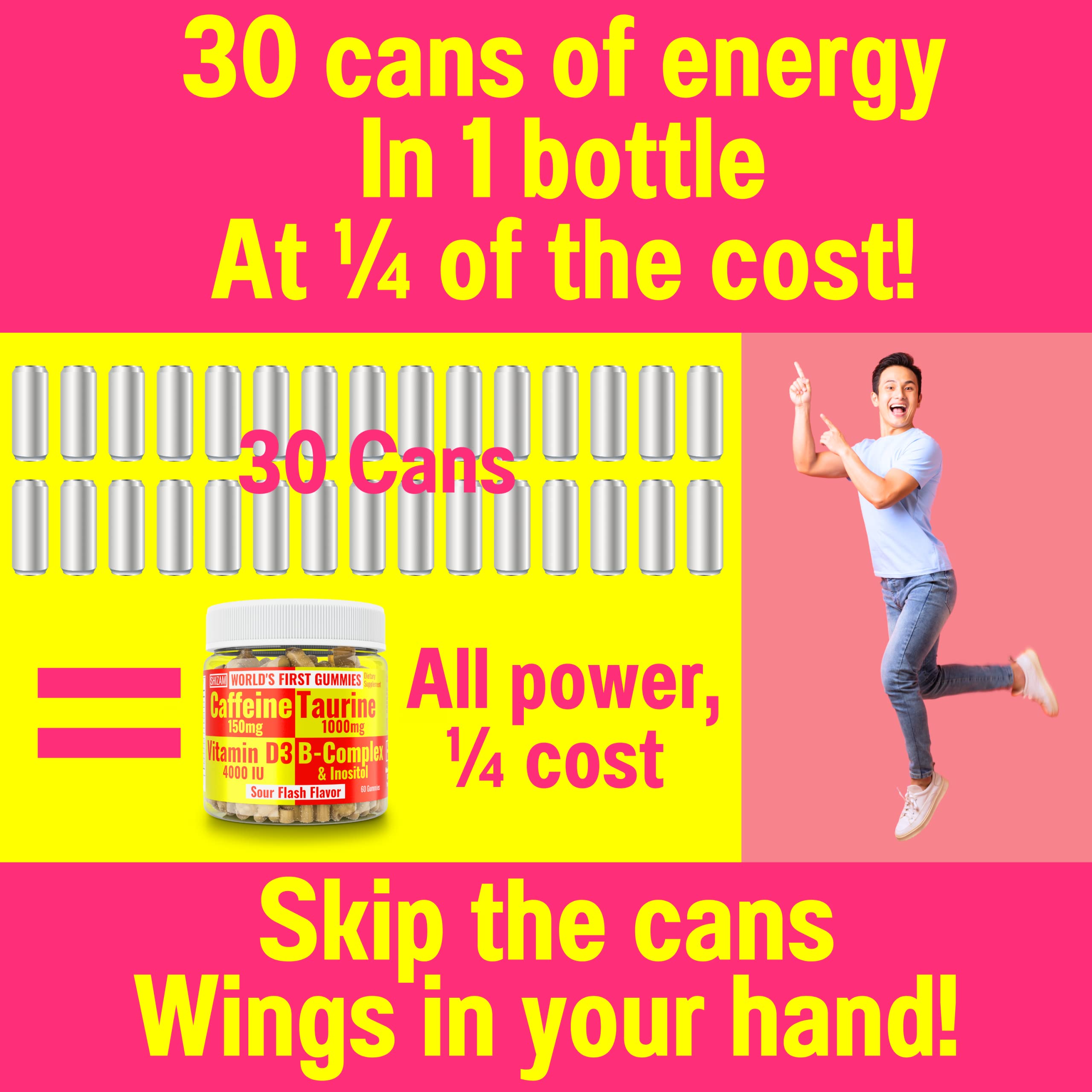 Graphic highlighting caffeine, taurine and B vitamins on SHIZAM