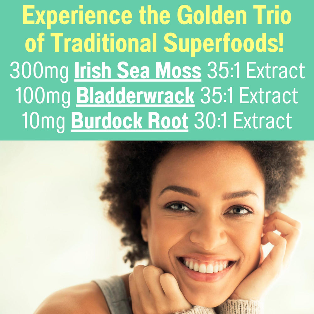 Ingredient visual: Irish Sea Moss, Bladderwrack, Burdock Root, Chlorophyll, Moringa Oleifera, EGCG