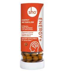SHO Energy+ vegan energy and focus supplement bottle with label