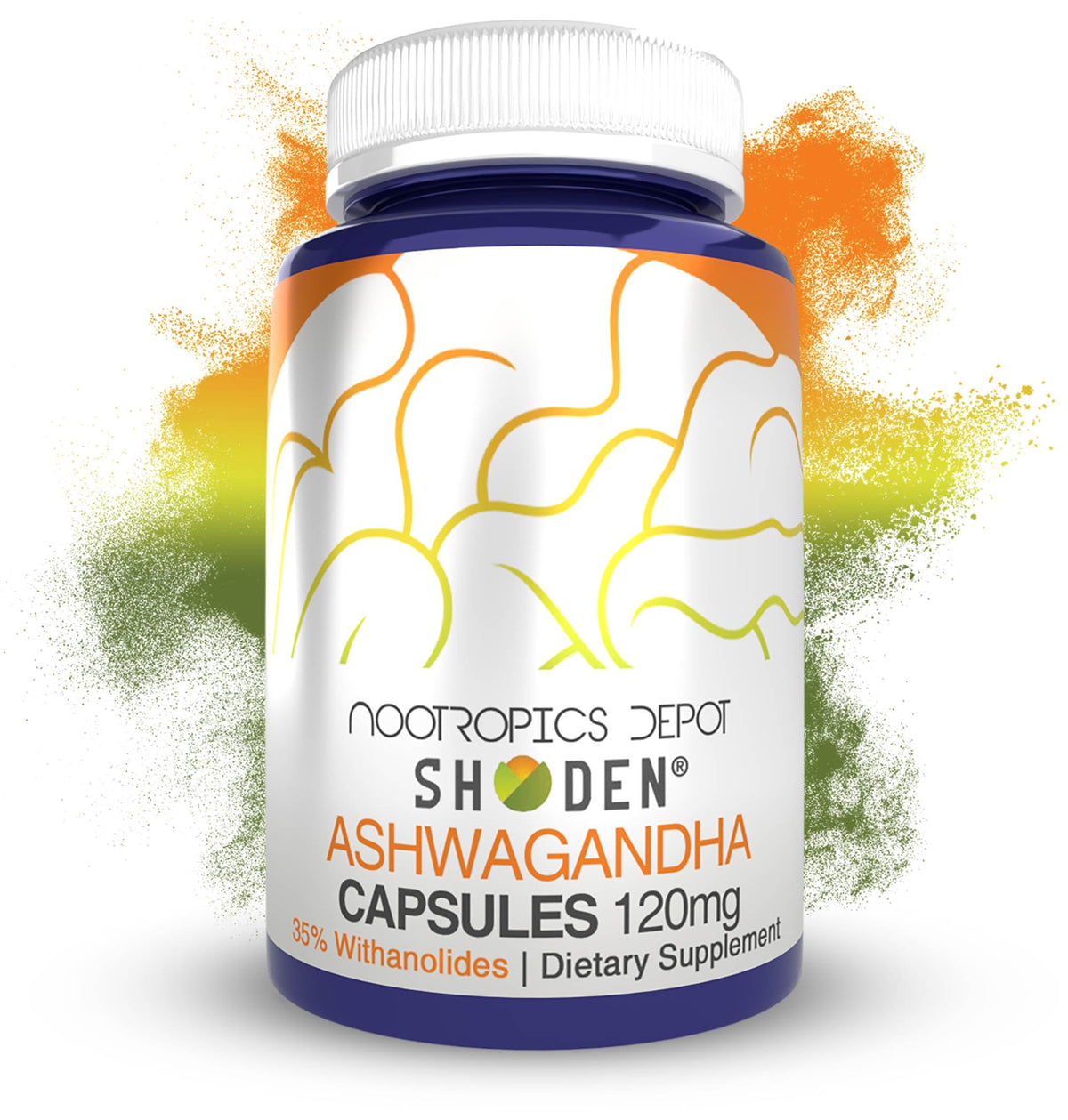 Bottle of Nootropics Depot Shoden Ashwagandha Extract Capsules 120 mg, 90 count, 35% Withanolide Glycosides