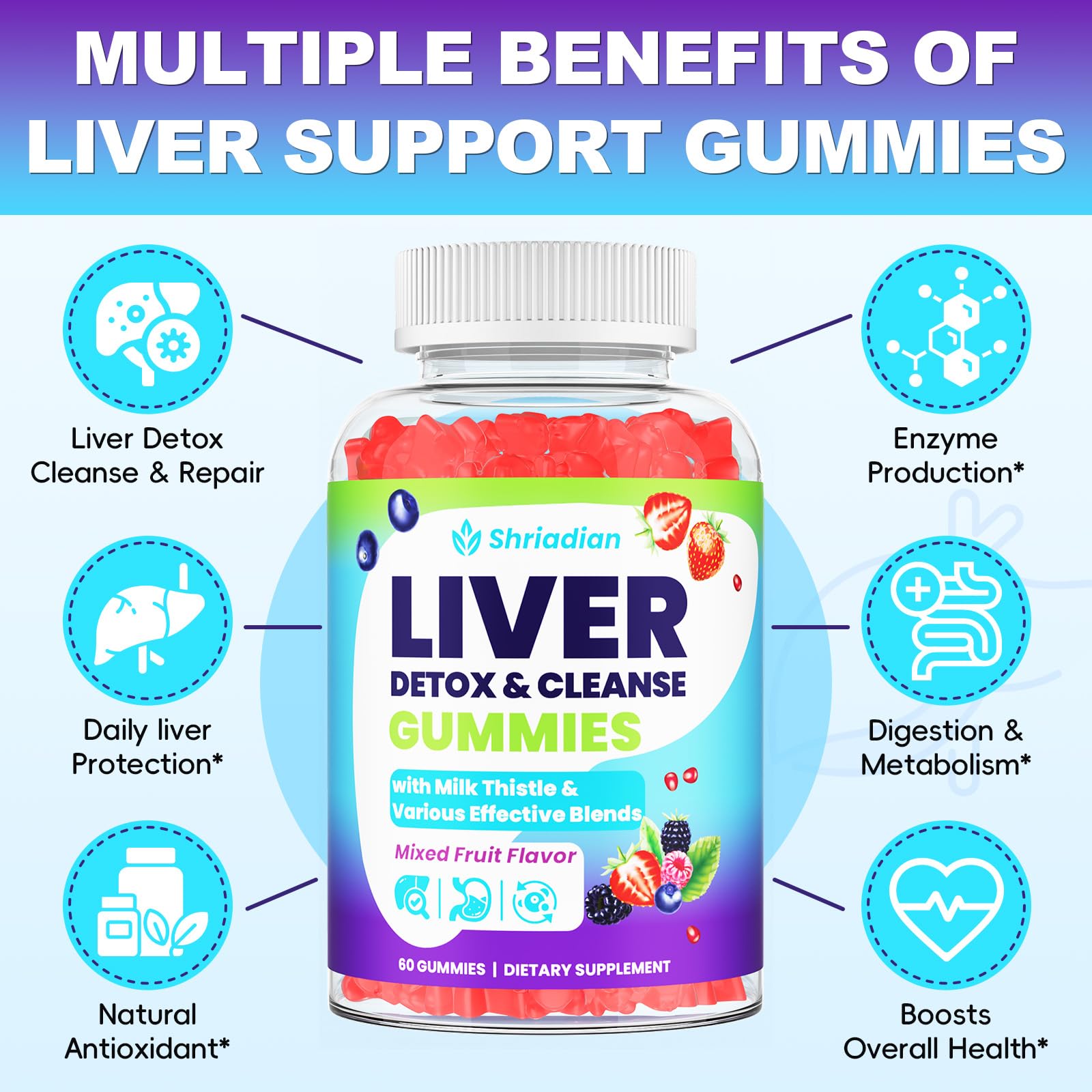 Shriadian Liver Detox Gummies chewy gummies close-up with mixed fruit flavor