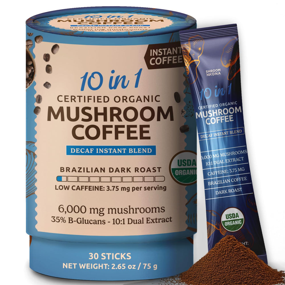 Front of ShroomDNA 10-in-1 USDA Organic Decaf Mushroom Coffee package.