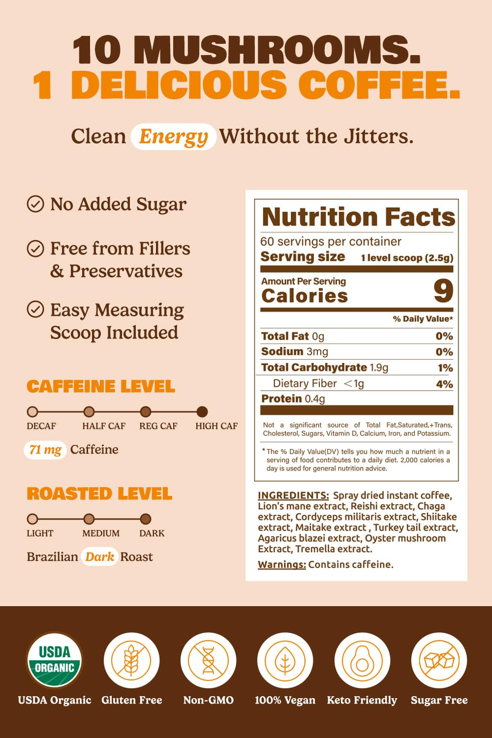 Close-up of mushroom blend with Lions Mane, Reishi, and Chaga