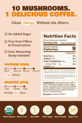 Close-up of mushroom blend with Lions Mane, Reishi, and Chaga