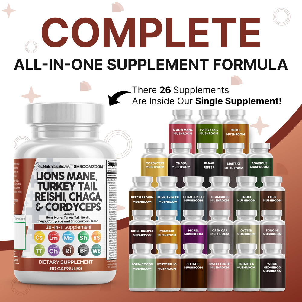 Capsules containing Lions Mane, Turkey Tail, Reishi, Chaga and Cordyceps from ShroomZoom