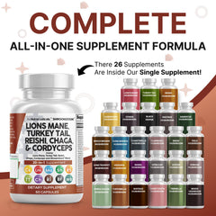 Capsules containing Lions Mane, Turkey Tail, Reishi, Chaga and Cordyceps from ShroomZoom