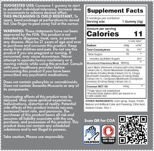 Allergen-free, cannabinoids- and psilocybin-free labeling for Shrumfuzed gummy