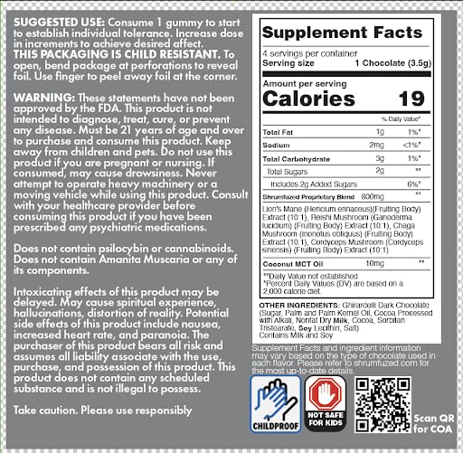 Serving display of Shrumfuzed Nootropic Gummy in dark chocolate formulation