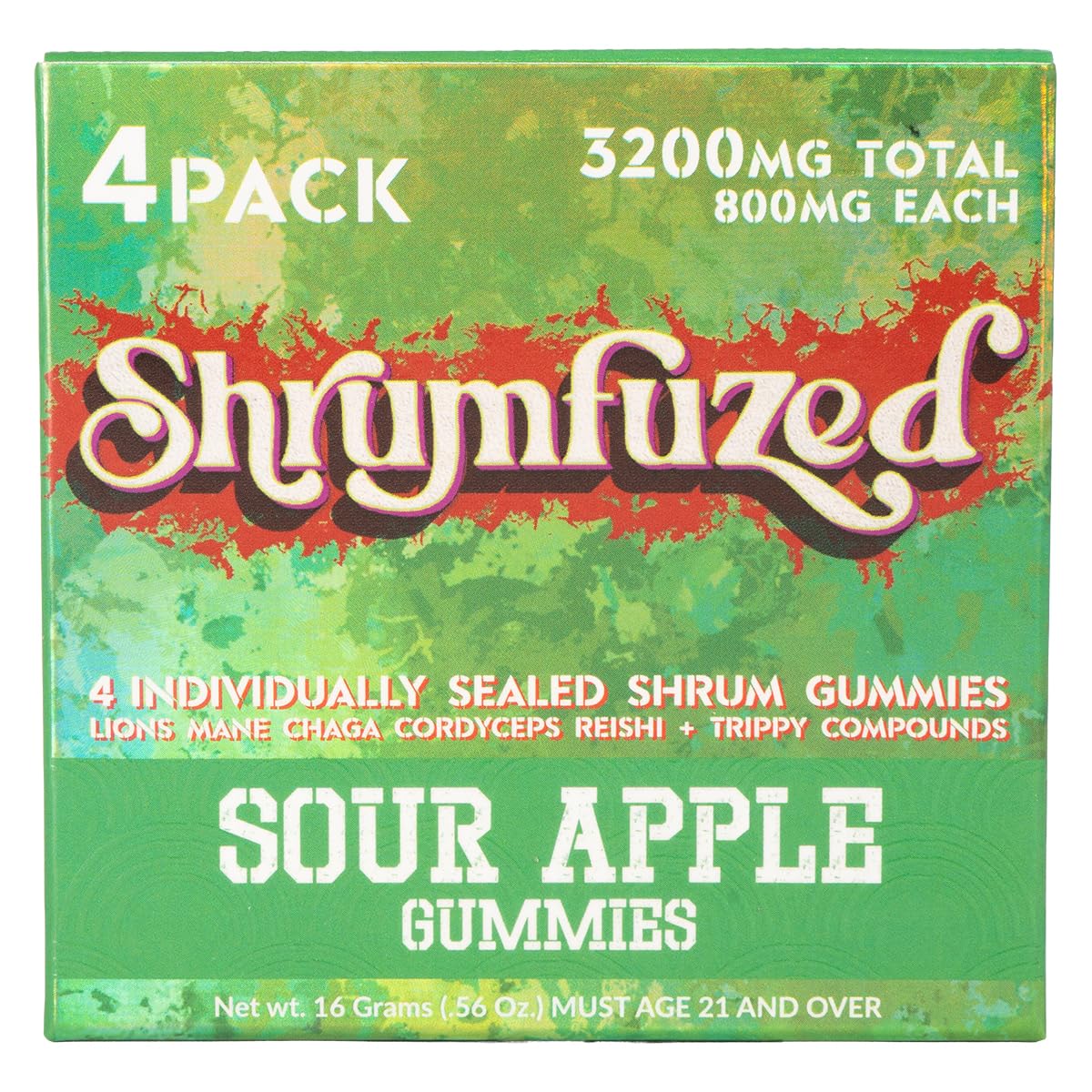 Shrumfuzed 3200mg four-mushroom nootropic gummy bottle in Sour Apple flavor with Lion's Mane, Reishi, Cordyceps, and Chaga