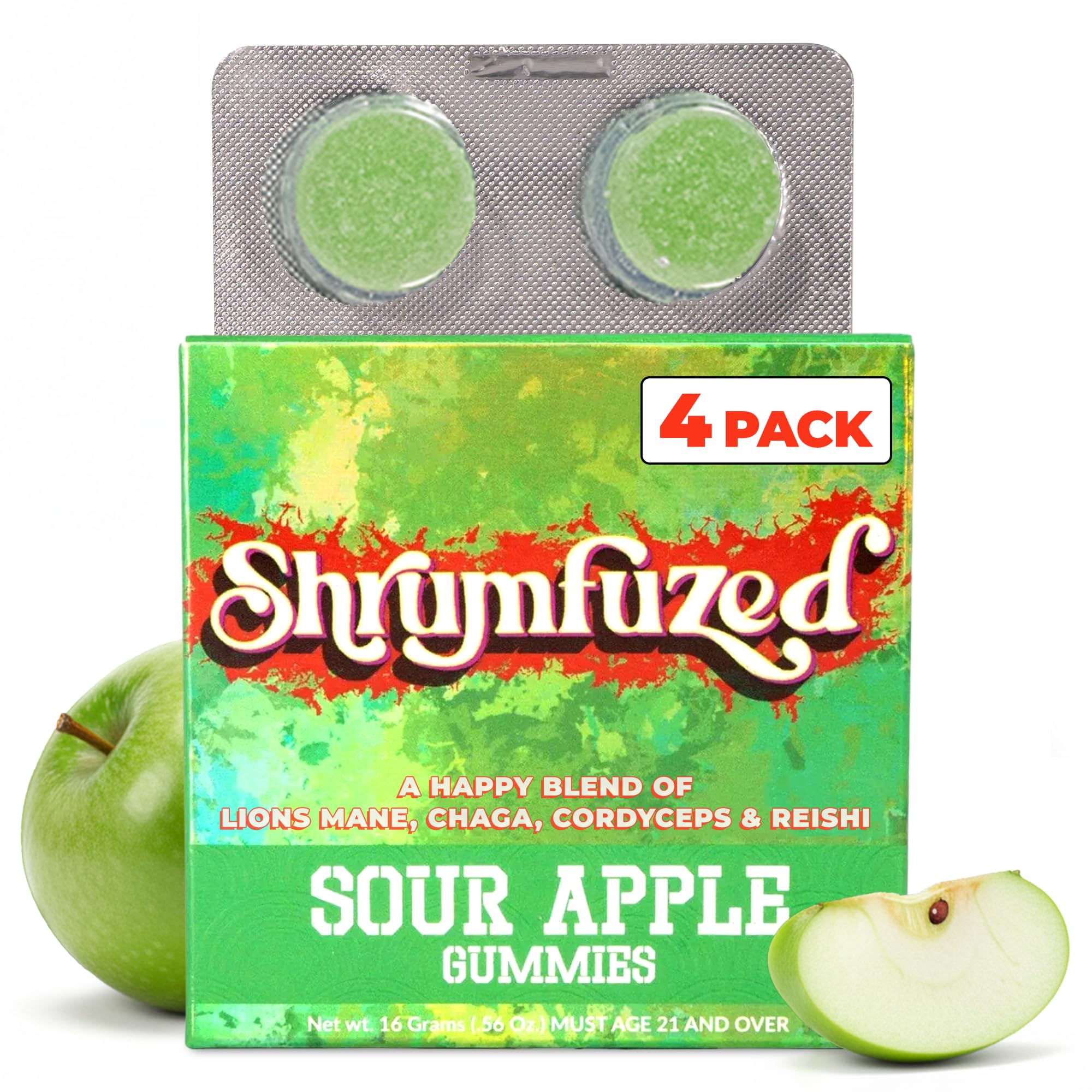 Shrumfuzed front packaging showing sour apple gummies and benefits