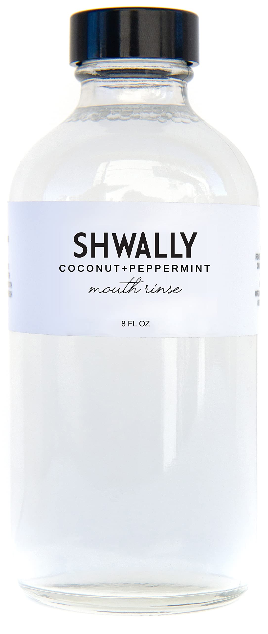 Bottle of Shwally Peppermint Coconut Mouth Rinse with mint label