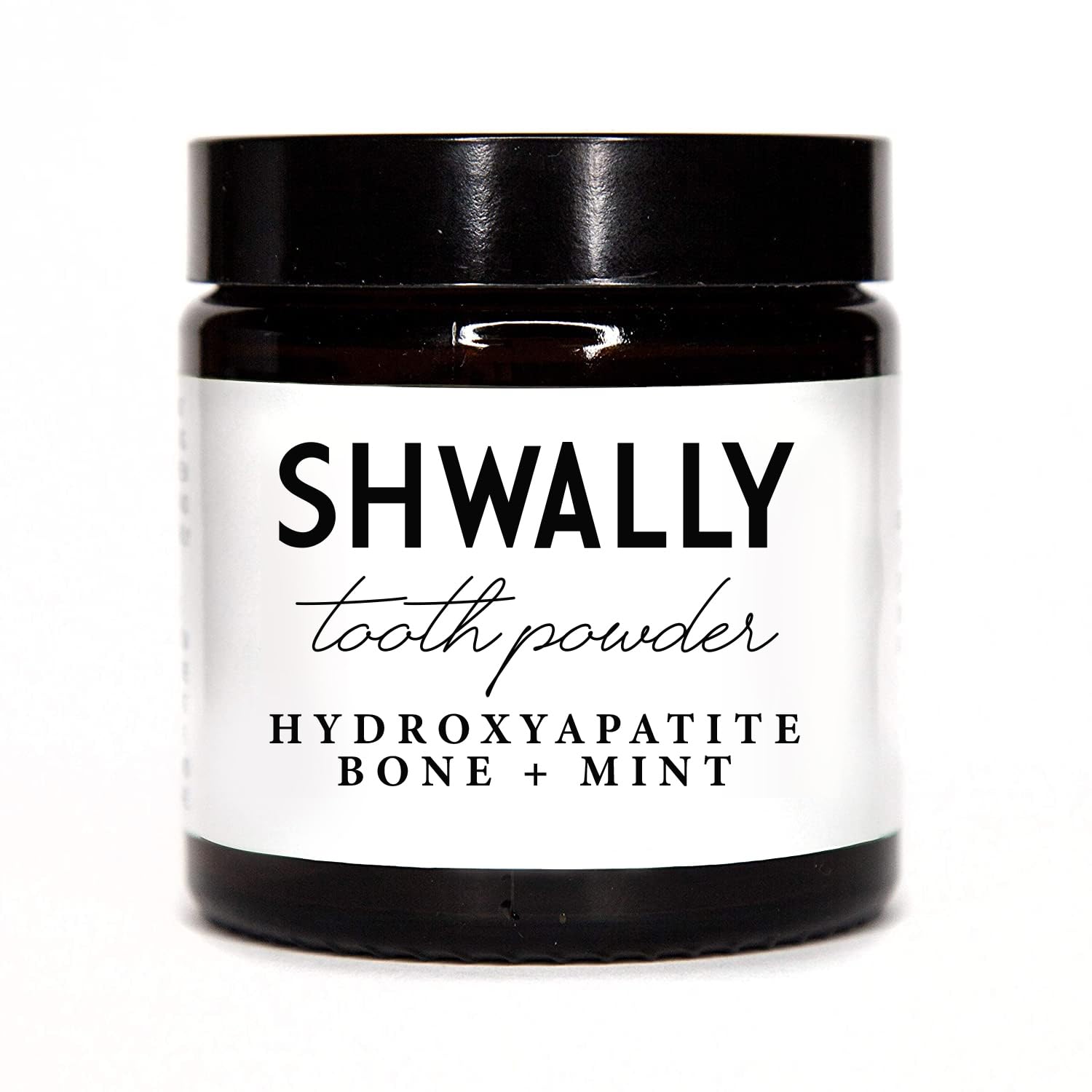 Shwally Tooth Powder bottle and label on a white background