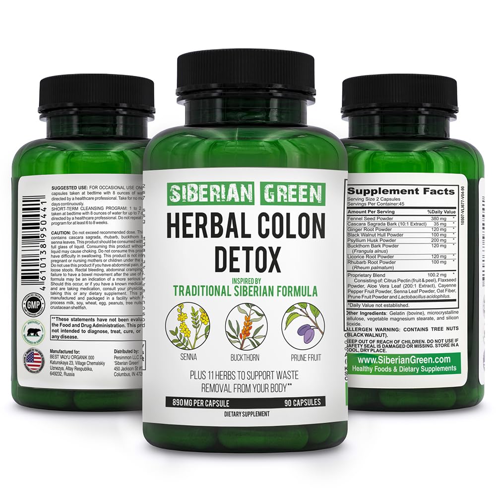 Front view of Siberian Green Herbal Colon Detox bottle with 90 capsules