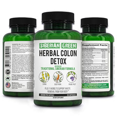 Front view of Siberian Green Herbal Colon Detox bottle with 90 capsules