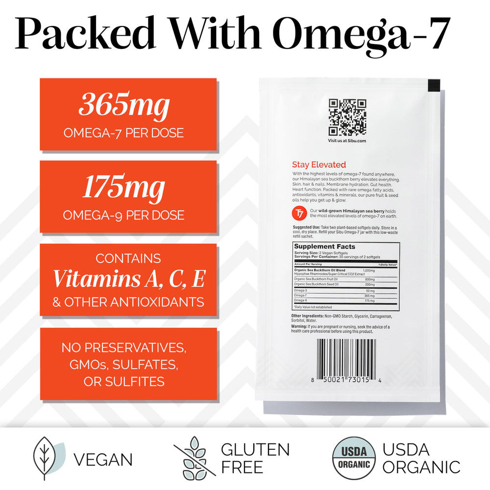 90-day refill sachet packaging for Sibu Omega-7 Softgels