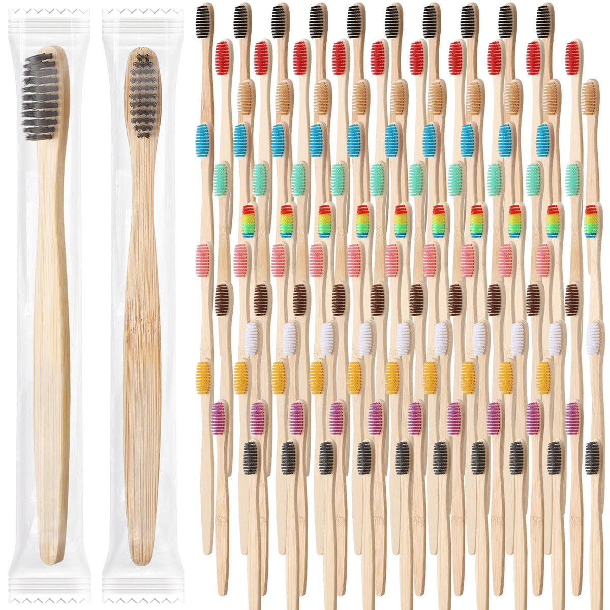 Sieral 120-pack bamboo toothbrushes in assorted colors, individually wrapped