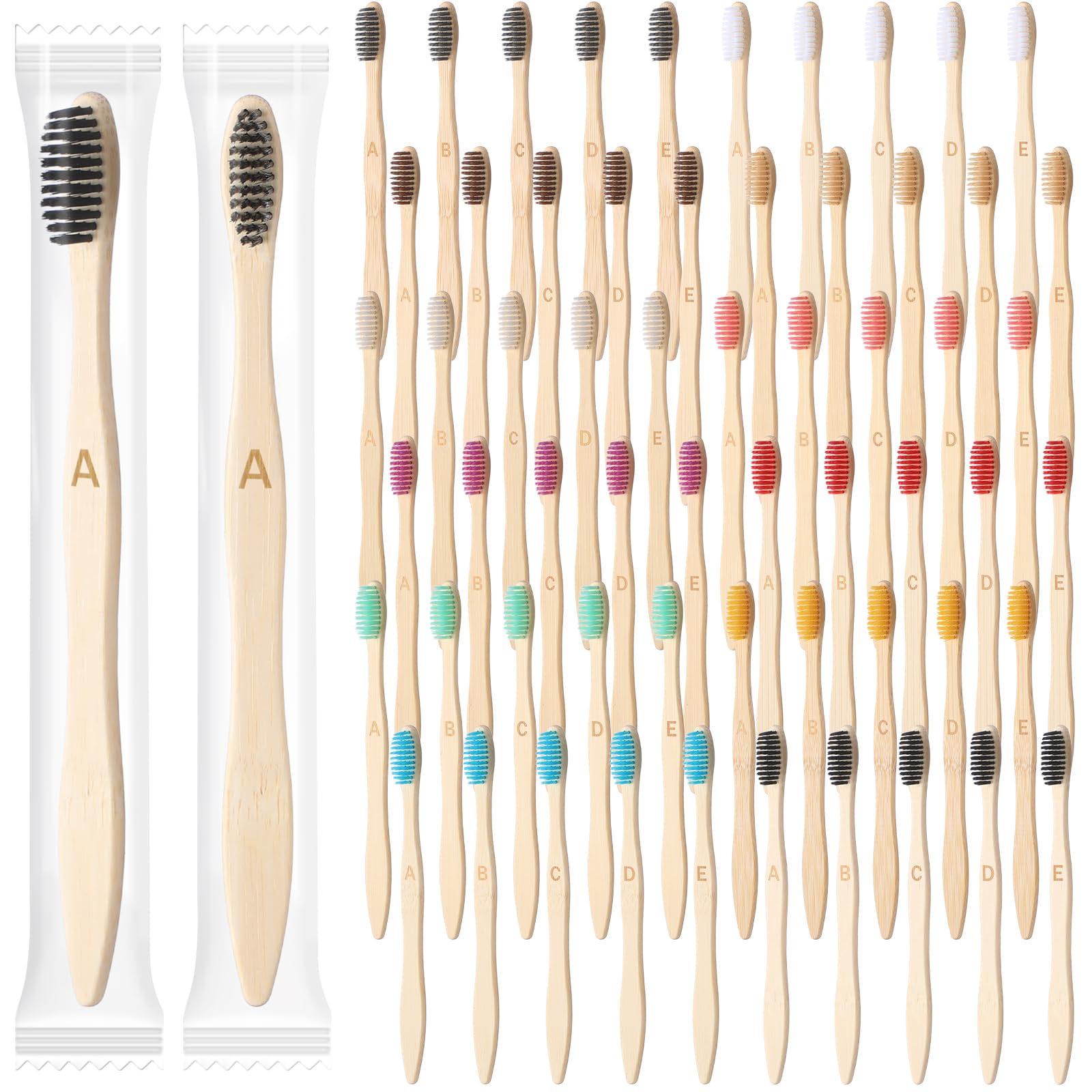 120-pack bamboo toothbrushes in assorted colors with A-E letters on handles