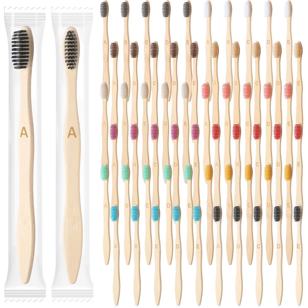 120-pack bamboo toothbrushes in assorted colors with A-E letters on handles