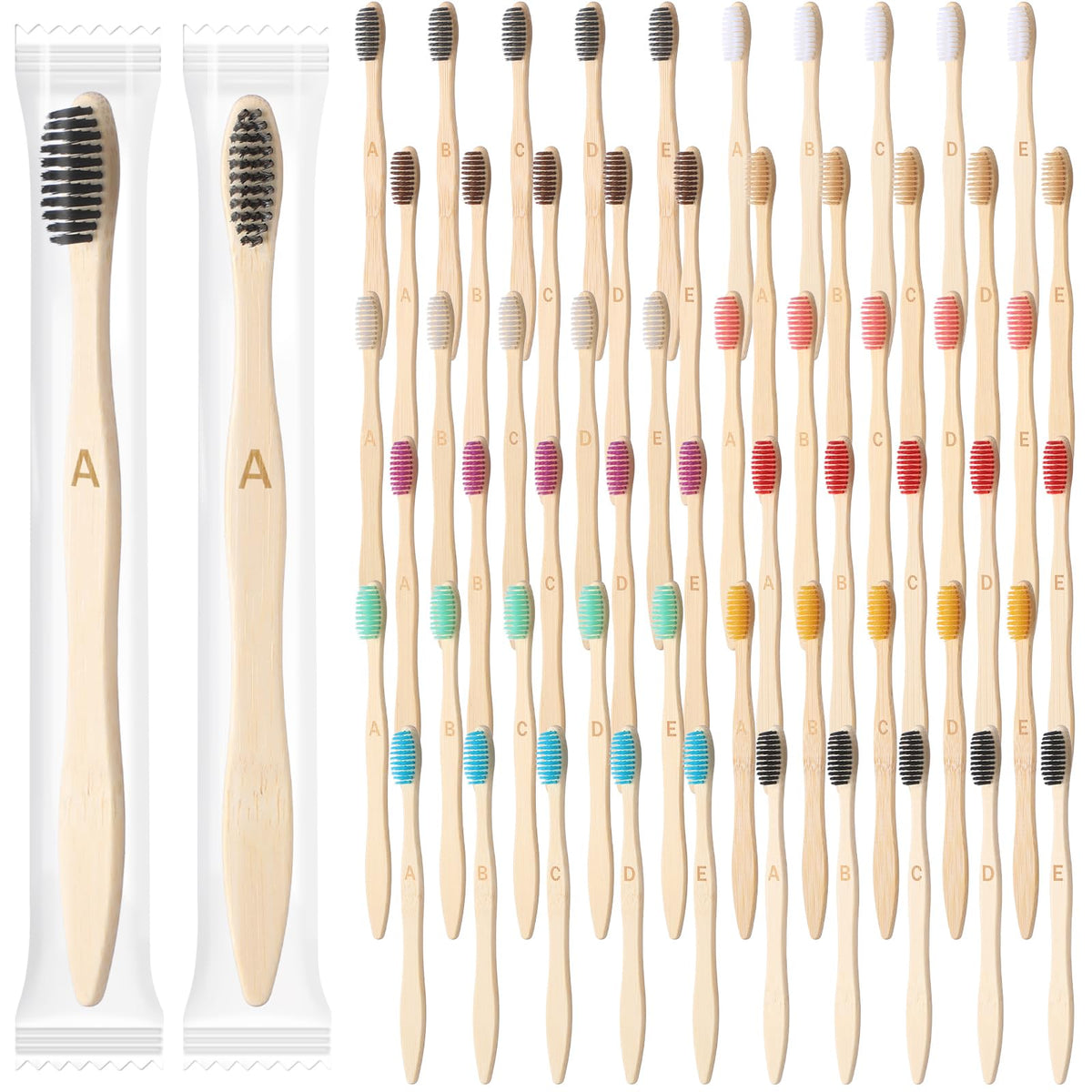 120-pack bamboo toothbrushes in assorted colors with A-E letters on handles