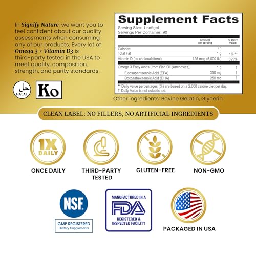 Close-up of Signify Nature Omega-3 + Vitamin D3 softgels