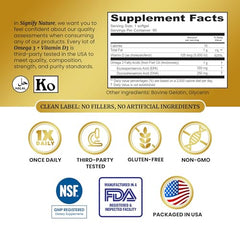 Close-up of Signify Nature Omega-3 + Vitamin D3 softgels