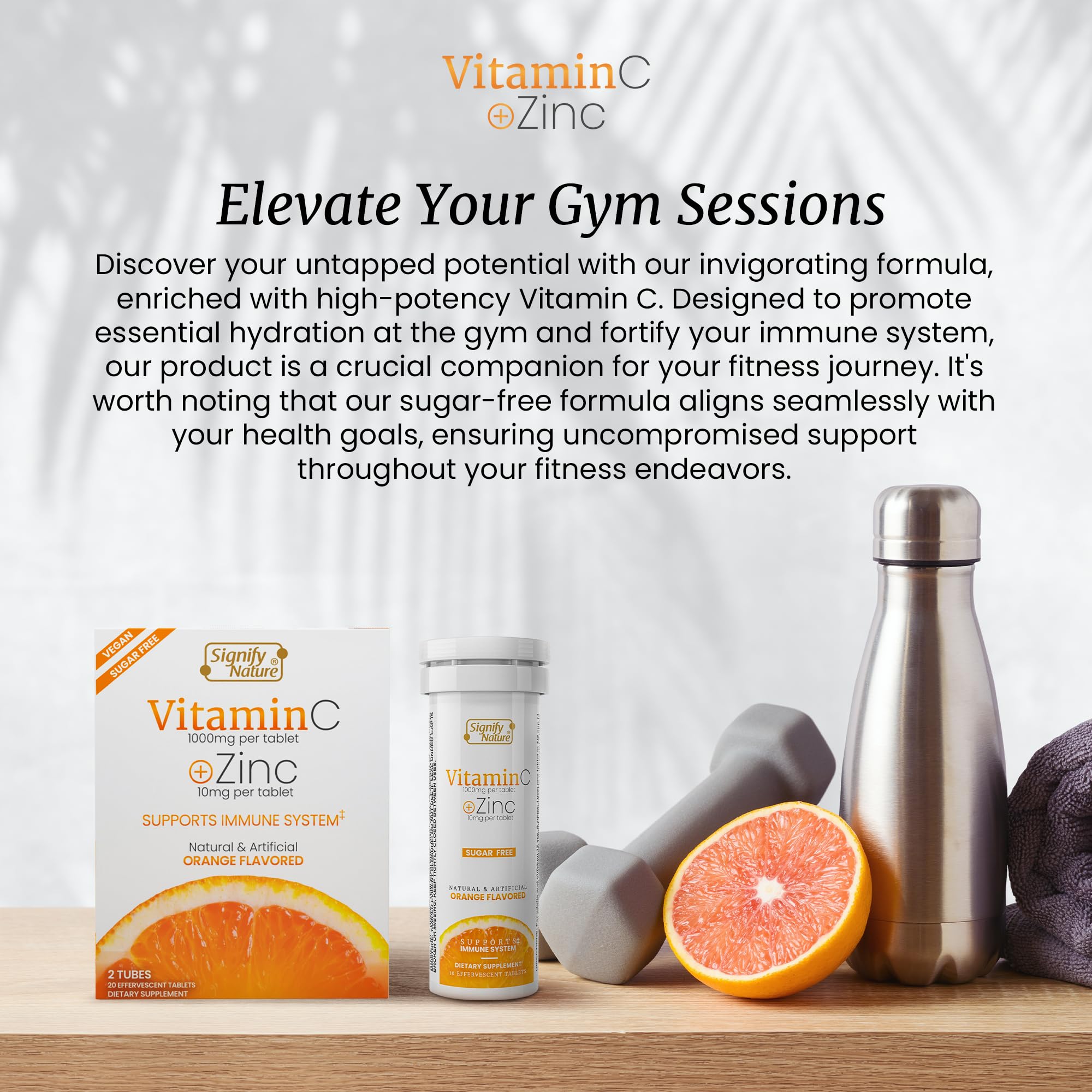 Close-up of Vitamin C and Zinc ingredients with a citrus flavor.