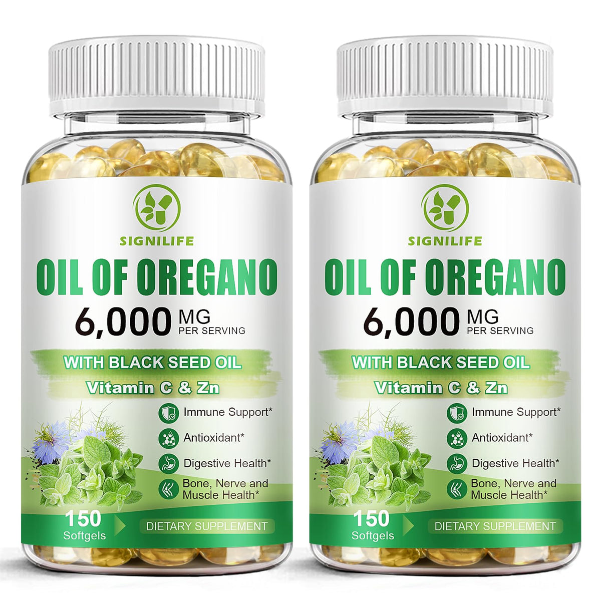 SIGNILIFE Oil of Oregano with Black Seed Oil bottle and softgels
