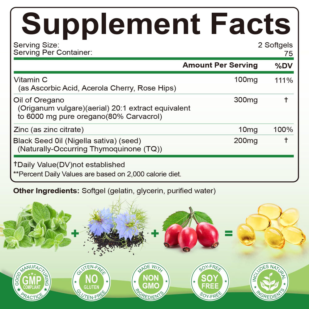 Oregano oil capsules with black seed oil, vitamin C, and zinc
