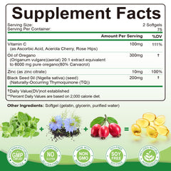 Oregano oil capsules with black seed oil, vitamin C, and zinc