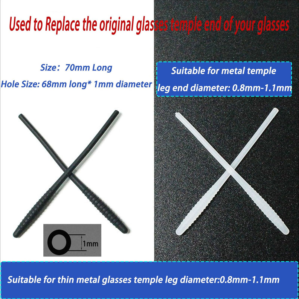 Silicone anti-slip eyeglass end tips 70mm black with 1mm hole for thin metal temple tips, 4 pairs