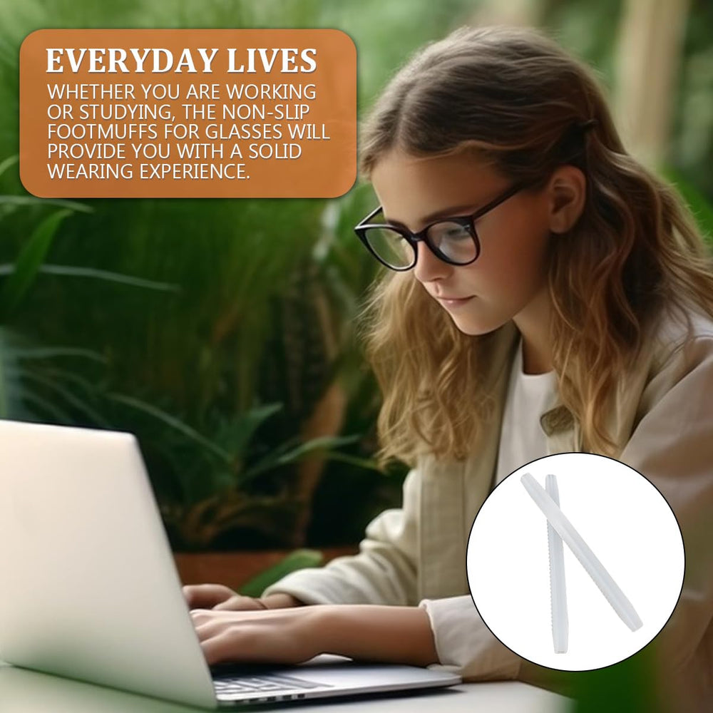 Model wearing silicone eyeglass leg sleeves on glasses