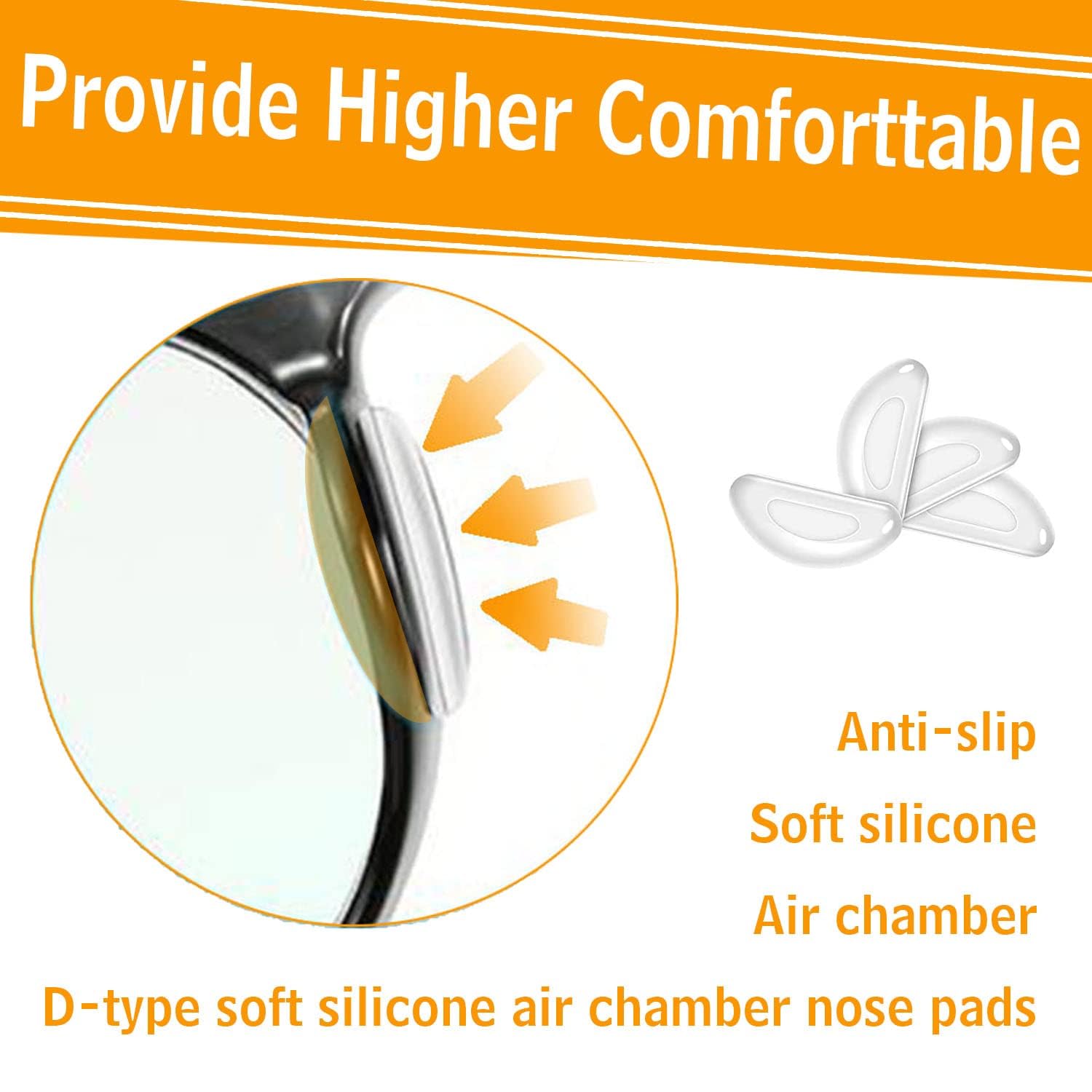 Self-adhesive silicone nose pads applied to eyeglass frame