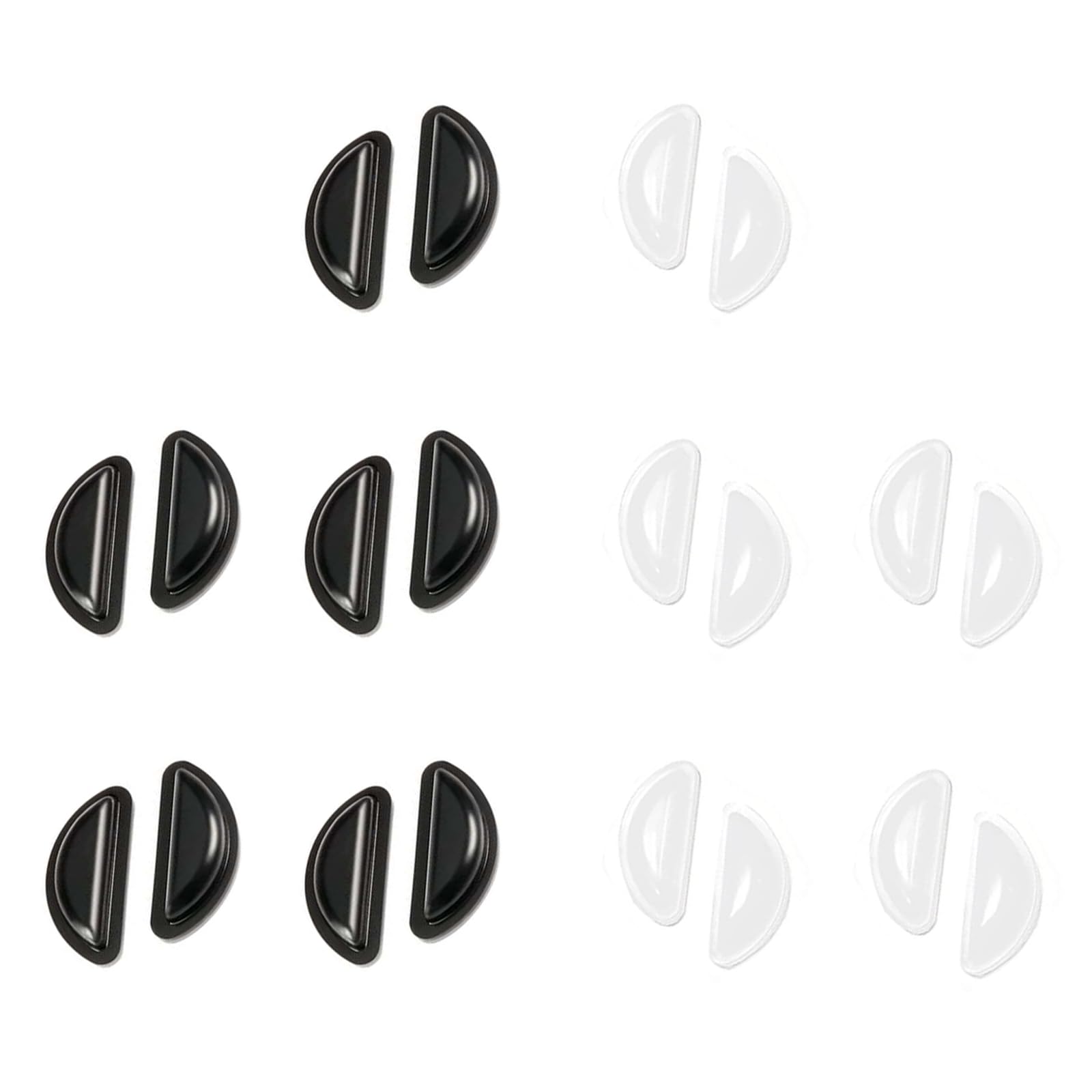 Silicone eyeglass nose pads attached to a frame in black and clear colors