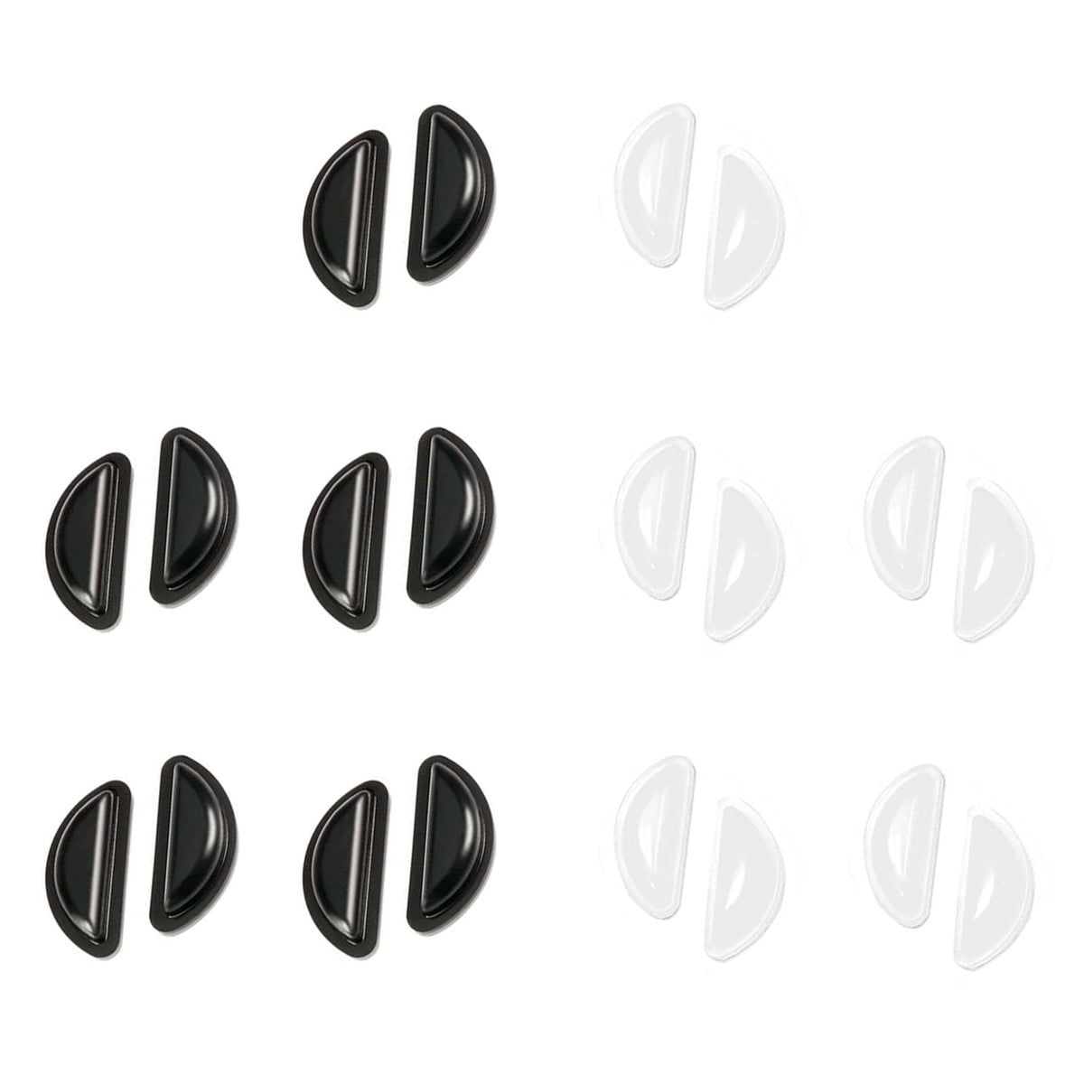 Silicone eyeglass nose pads attached to a frame in black and clear colors
