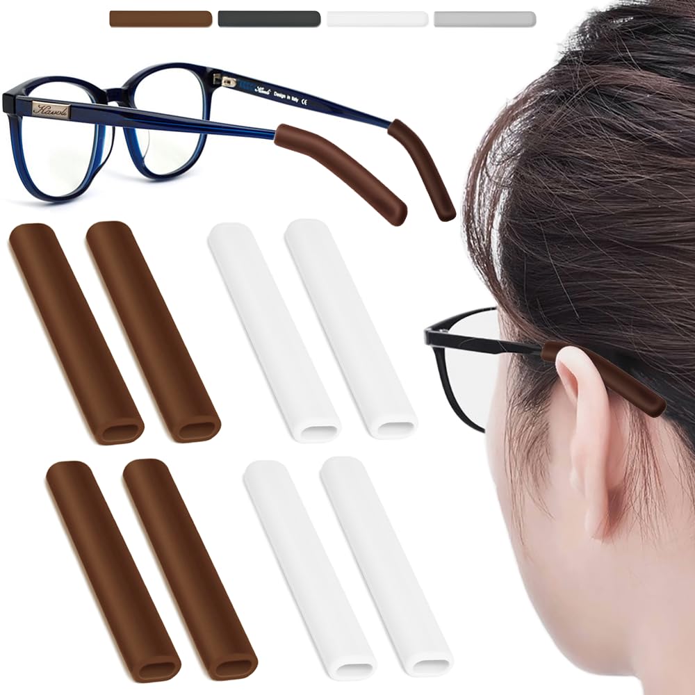 Four pairs of silicone glasses ear cushions in brown and white colors