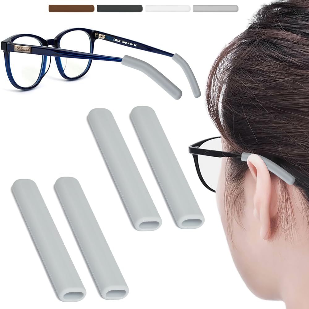 Grey silicone eyeglasses ear cushions pair for anti-slip grip behind the ear