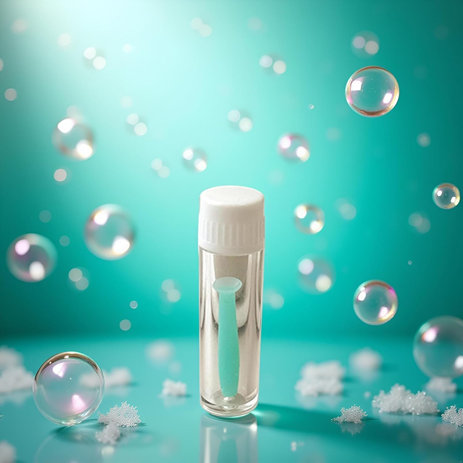 Green silicone contact lens remover tool displayed with case