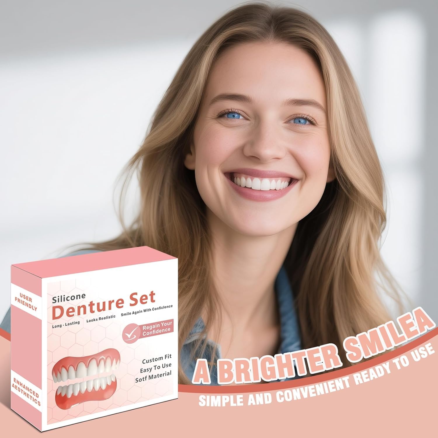 Soft silicone denture set with natural fit for comfort