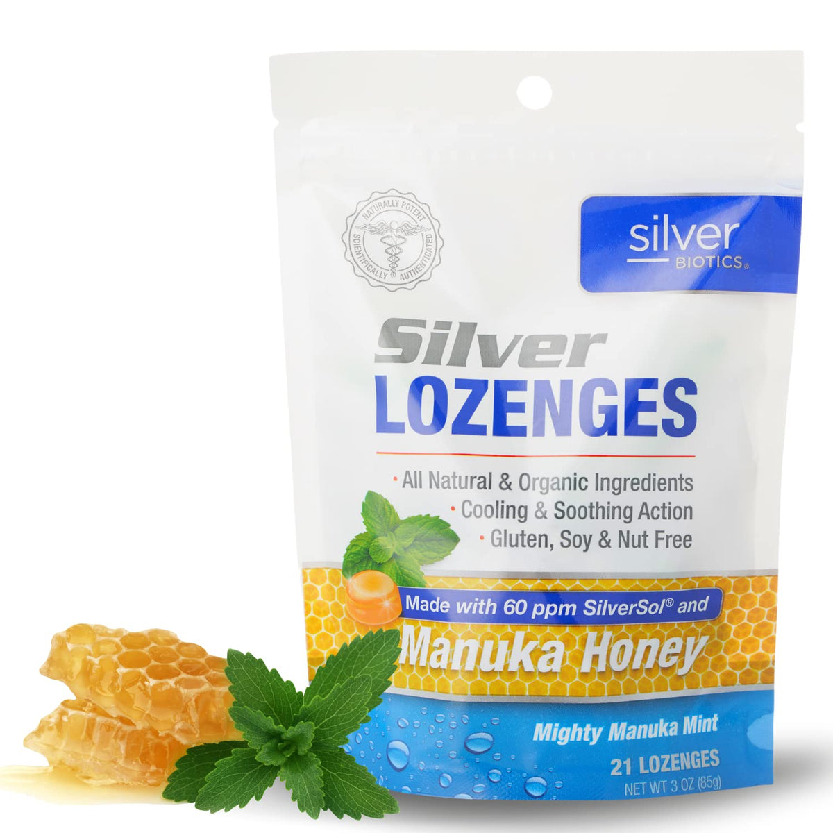 Front label of Silver Biotics Colloidal Silver Lozenges with 60 PPM SilverSol