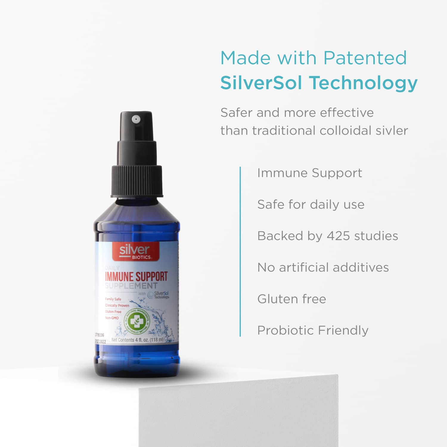 Side view of Silver Biotics 4 oz bottle with spray nozzle