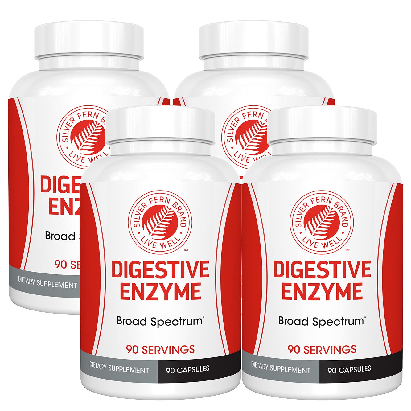 Product packaging showing the Silver Fern Brand Ultimate Digestive Enzyme Supplement 4-bottle set
